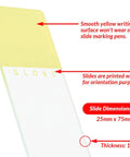 Glass Microscope Slide 25 X 75mm With Ground Edges And Safety Corners Yellow Frosted Label End 1.1mm Thick Soda-Lime Glass Washed Rinsed Dried Ready For Immediate Use Case Of 1,440. Yellow labeled 25 x 75 mm slide with frosted writing end and 1.1 mm thickness