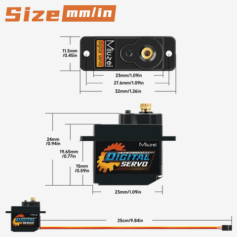 Diagram showing dimensions of 12G Metal Gear Digital RC Steering Servo Upgrade Kit For SCX24 With Horn Arm Two Pack