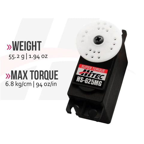 HS-625MG Heavy Duty Competition Servo with label showing weight and torque, 55.2g, 94 oz-in, for high downforce RC applications.