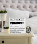 Engineer Definition Wooden Box Sign Decor For Home And Office, 5x5 Inch Wall Art And Shelf Decor, on a nightstand with plants and clock.