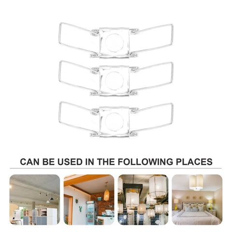 20 Pcs Iron Lamp Shade Clips Set for Ceiling and Table Lamps, close-up of silver iron clips for lamp shade holders with use examples