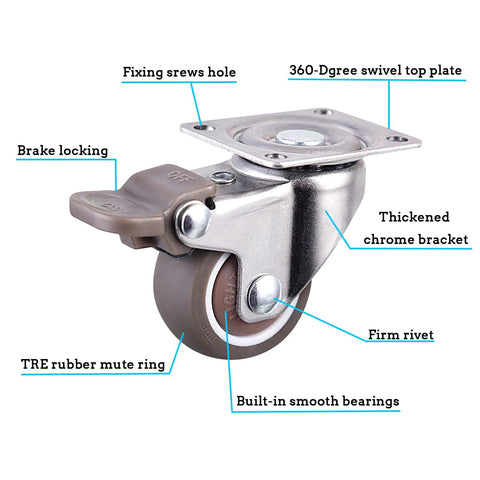 1 Inch Plate Caster Wheels Low Profile Swivel Casters Set Of 4 Heavy Duty 99 Lb Capacity with brakes, quiet rubber wheels, thickened bracket