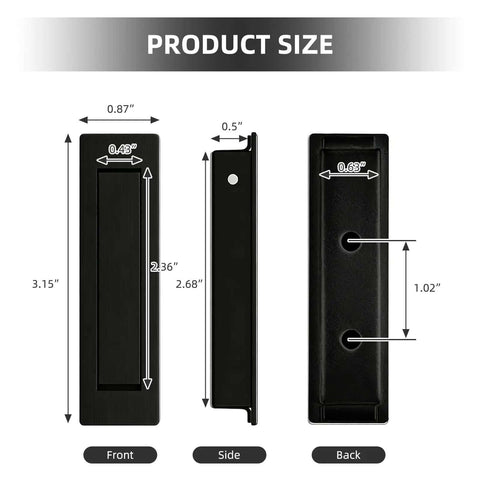 Edge Mount Pocket Door Pulls Matte Black 2 Pack Sleek Recessed Sliding Door Hardware In Stainless Steel 304 with dimensions.