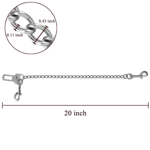 Badass Stainless Steel Dog Car Seatbelt No Chew Pet Safety Restraint Cable 20-inch chain with durable metal clips for pet safety.