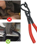 Exhaust hanger removal pliers with red handles and black steel jaws for rubber exhaust hangers (Amazon)