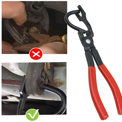 Exhaust hanger removal pliers with red handles and black steel jaws for rubber exhaust hangers (Amazon)