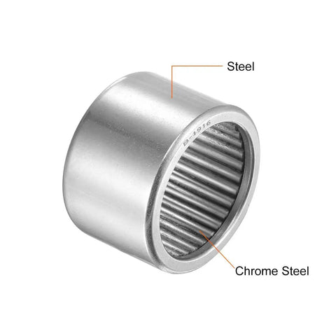 B1916 Beefy Needle Roller Bearings One Three Sixteenth Inch Bore One And One Half Inch Outer Diameter One Inch Width Heavy Duty Chrome Steel Open End Full Complement Drawn Cup on white background