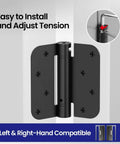 Self Closing Door Hinges 4 Inch Matte Black Spring Loaded Five Eighth Inch Radius Corners adjustable tension on white door