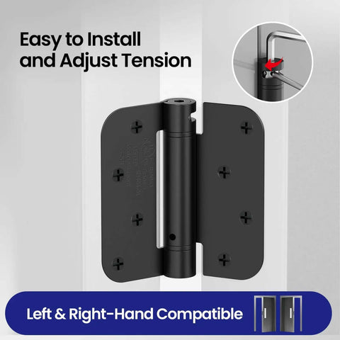 Self Closing Door Hinges 4 Inch Matte Black Spring Loaded Five Eighth Inch Radius Corners adjustable tension on white door