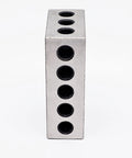 Precision steel 1-2-3 block; side view of silver block with 23 holes, showing three top holes and side holes
