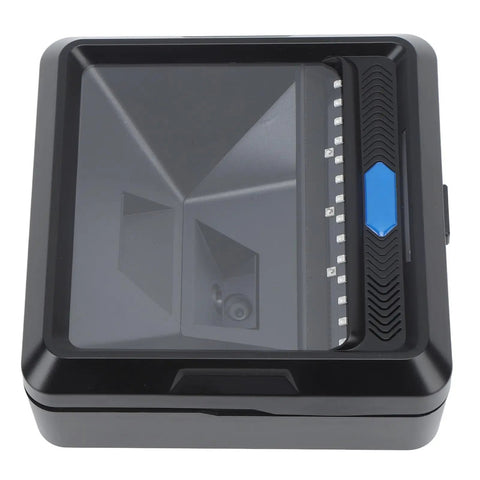 Hands Free Desktop Barcode Scanner For 1D 2D And QR Codes With IR Auto Sensing, USB Plug And Play, top view, black design.