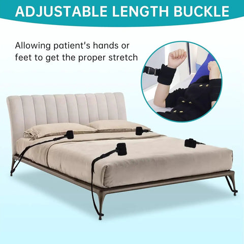 Bed setup with 4-Piece Medical Restraint System for Senior Care featuring black adjustable wrist and ankle straps.