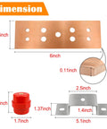 Premium Copper Ground Bus Bar Kit 6x1.96x0.11 Inches With 8 Terminal Positions And SM40 Insulators, C12200 Copper, ASTM B280 Compliant, Flexible Mounting For Electrical Panels And DIY Projects; dimension view