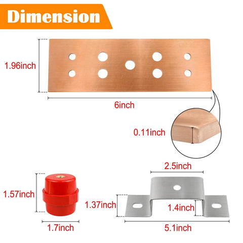 Premium Copper Ground Bus Bar Kit 6x1.96x0.11 Inches With 8 Terminal Positions And SM40 Insulators, C12200 Copper, ASTM B280 Compliant, Flexible Mounting For Electrical Panels And DIY Projects; dimension view