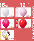 66 Piece 12 Inch Hot Pink And Red Balloons Set With White And Gold Confetti For Valentines Day Engagement Wedding Bachelorette Birthday Party Decor Durable Matte Latex showing different colors and quantities.