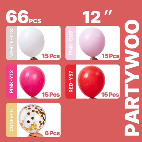 66 Piece 12 Inch Hot Pink And Red Balloons Set With White And Gold Confetti For Valentines Day Engagement Wedding Bachelorette Birthday Party Decor Durable Matte Latex showing different colors and quantities.