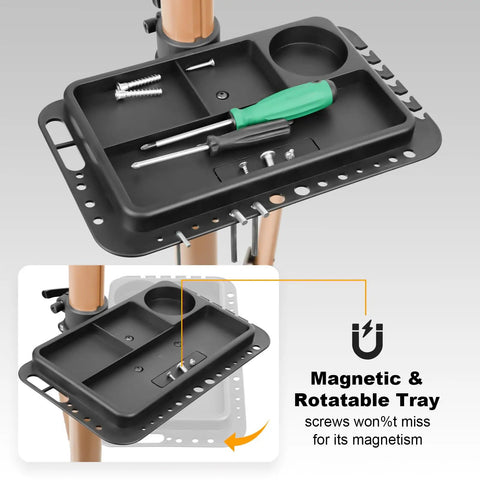 66 Lbs Bike Repair Stand With Pro Grade Clamp featuring magnetic tray with screws and tools, heavy duty aluminum work stand