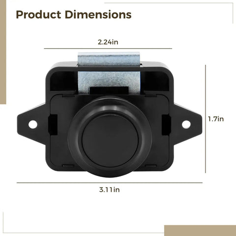 Six Pack Push Button Cabinet Locks For RV And Marine Use shown with dimensions 3.11in x 2.24in x 1.7in