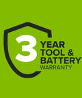 3 year tool and battery warranty badge on green background for Gnarly 24V Brushless Cordless Impact Driver With Badass 1950 Inch Pound Torque And Fast Swap Hex Collet Two Point Zero Amp Hour Battery Paired With Lightning Fast Usb Charger And Reinforced Braided Cable Built Tough.