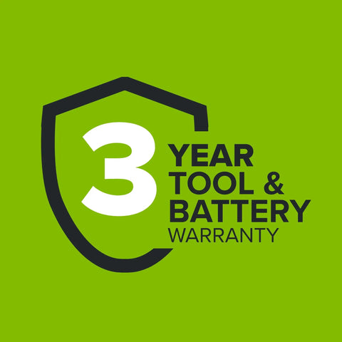 3 year tool and battery warranty badge on green background for Gnarly 24V Brushless Cordless Impact Driver With Badass 1950 Inch Pound Torque And Fast Swap Hex Collet Two Point Zero Amp Hour Battery Paired With Lightning Fast Usb Charger And Reinforced Braided Cable Built Tough.