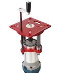 Precision Router Lift Table Insert Compatible With 63 5 To 65 Mm Motors showcasing red adjustment base and motor.