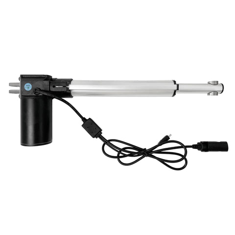 Linear actuator for recliner chair, Kaidi KDFSJ-403-6, black motor housing with silver extendable rod and power cord.