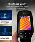 E1L Handheld Thermal Imaging Camera With Laser Pointer showing heat map on screen, 160x120 resolution, less than 0.04C sensitivity.