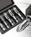 Set of five screw extractors in a case, labeled HSS, for Five Piece Screw Extractor Set For Stripped And Damaged Screws And Bolts, Your Go To Easy Out Kit For DIY Home Repairs, Industrial Grade High Speed Steel, Durable And Easy To Use.