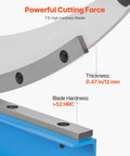 Close-up of T10 high-hardness blades on Beefy Hand Plate Shear, showing thickness and blade hardness specifications.