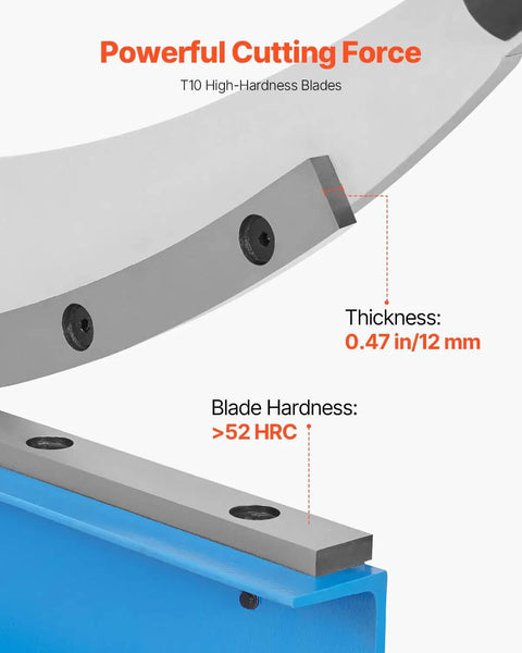 Close-up of T10 high-hardness blades on Beefy Hand Plate Shear, showing thickness and blade hardness specifications.