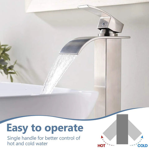 Wide Waterfall Spout Vessel Sink Faucet In Brushed Nickel Tall Above Counter Single Handle Vanity Lavatory Faucet, water flow view