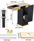 Lit Waterfall Style LED Bathroom Faucet in Black and Gold with Pop Up Drain, shown with dimensions and components