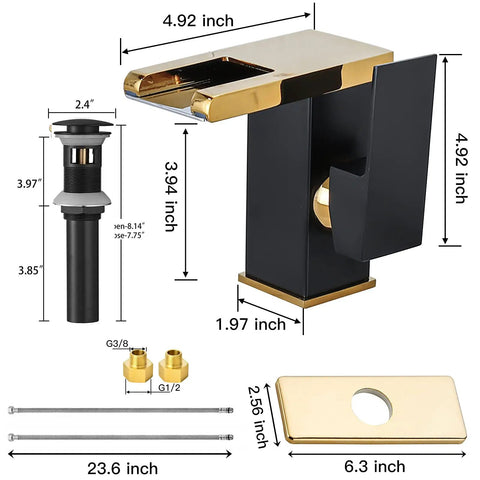 Lit Waterfall Style LED Bathroom Faucet in Black and Gold with Pop Up Drain, shown with dimensions and components
