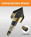Five Piece HSS Countersink Drill Bit Set With Hex Shank For Wood And Metal, One Quarter Inch To Three Quarter Inch Sizes, Deburring And Chamfering Bits, Pro Grade Durability, DIY Friendly, Gold And Black Finish with universal hex shank display.