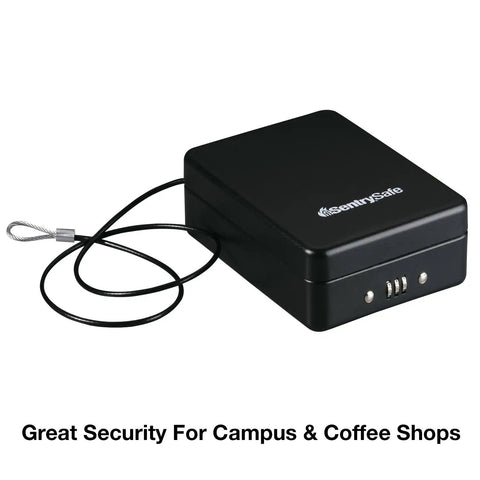 Portable Black Safe Lock Box With Resettable 3 Digit Combination for security, includes tethering cable, 0.05 cubic feet.