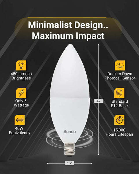 Dusk To Dawn Outdoor LED B11 Candelabra Bulb With Photocell Sensor, 5W Equivalent 40W, 3000K Warm White, E12 Frosted Finish, 450 Lumens
