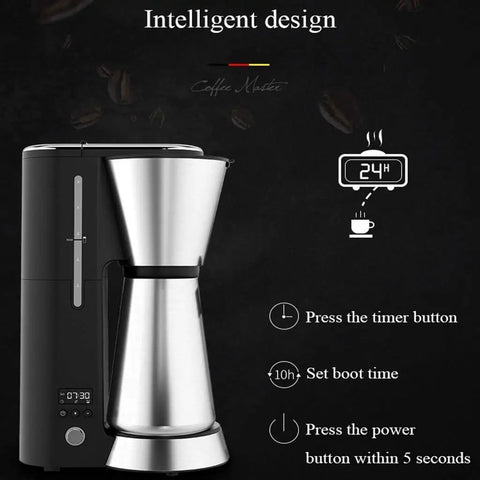 Fully Automatic Bean To Cup Coffee Maker With Integrated Milk Steam Wand Knocks Out Fresh Espresso And Frothy Lattes In Seconds Programmable Timer Brewer with digital display and stainless steel body.
