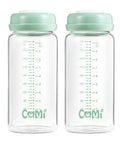 Knock Out Wide Neck Glass Breastmilk Bottles Two Pack With Secure Screw Ring And Removable Marking Lid Bpa Free No Sweat Safe For Pumping And Storing Fresh Milk In Clean Green Finish, clear glass design with green lids.