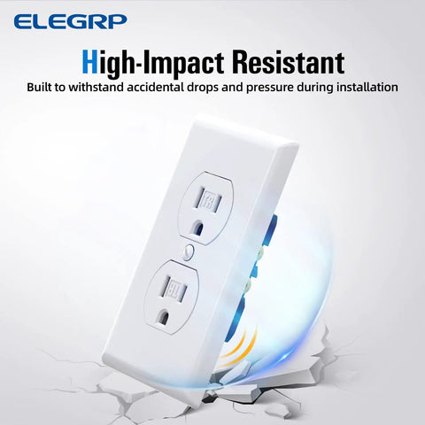 Tamper-Resistant Duplex Receptacle 15A 125V Wall Outlet With Wall Plate, Self-Grounding, shown against cracked surface, glossy white