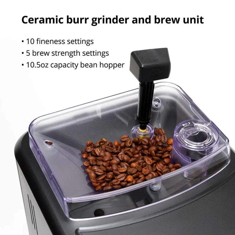Black Espresso Machine With 54 Oz Tank And Ceramic Burr Grinder Delivering Barista Level Brews At Home showing ceramic burr grinder and bean hopper.