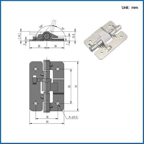Technical drawing and details of Detachable 304 Stainless Steel Hinges For Equipment Cabinets With Corner Door Hinges Rugged Beefy Build Built To Last