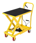 Front view of GarveeTech yellow hydraulic lift table cart with black textured platform and caster wheels.