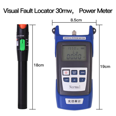 Fiber optic termination tool kit and blue optical power meter; front view with black visual fault locator on left.