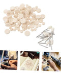 120 Pcs Wool Polishing Wheels Set With Mandrel And Shank for rotary and electric drills, shown with wheels, shanks, and usage examples