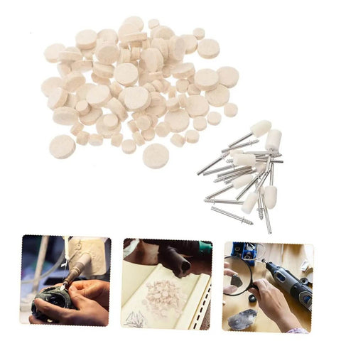 120 Pcs Wool Polishing Wheels Set With Mandrel And Shank for rotary and electric drills, shown with wheels, shanks, and usage examples