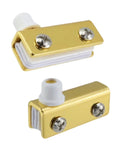 Killer Gold Glass Door Pivot Hinge Eight Piece Kit For Cabinet And Showcase Display Featuring Slick Clamp Design And Hassle Free Zero Drill Setup For Four To Six Millimeter Glass Panels, detailed view of two gold clamps.