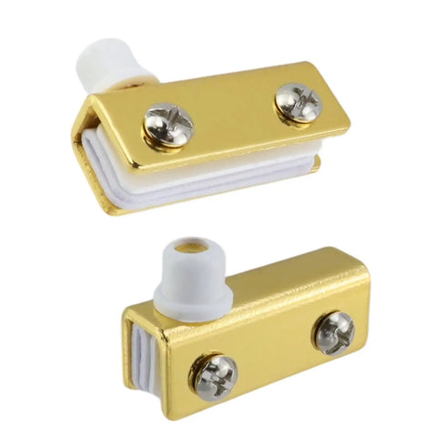 Killer Gold Glass Door Pivot Hinge Eight Piece Kit For Cabinet And Showcase Display Featuring Slick Clamp Design And Hassle Free Zero Drill Setup For Four To Six Millimeter Glass Panels, detailed view of two gold clamps.