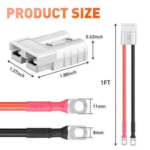 Anderson Style Battery Quick Connect Disconnect Cable For 600V 50A Systems, Heavy Duty 7AWG Wire With Tool Free Installation For Winches, Marine Equipment, Forklifts, And Other High Power Automotive Applications, 1ft cable size view