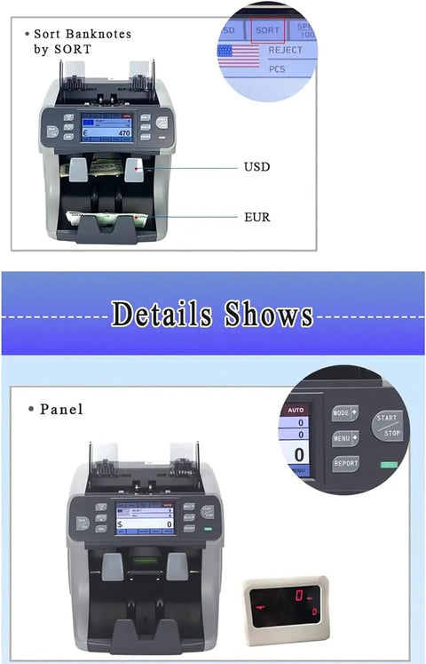 Commercial CIS Currency Counter With Touch Screen Multi Currency Detection And Serial Number Reader For Bank Use showcasing control panel with USD and EUR sorting options.