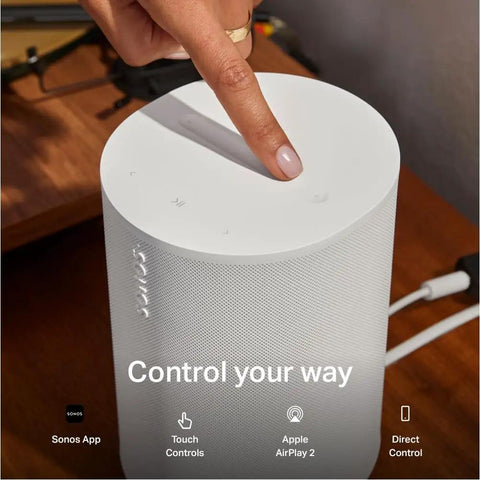 Finger adjusting settings on Era 100 SL Dope Compact Microphone Free Wireless Speaker with WiFi Bluetooth Line In, white finish